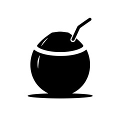 Coconut Water Icon: A simple yet refreshing silhouette of a coconut with a straw, representing tropical bliss and natural hydration. Perfect for branding, websites, or app design. 