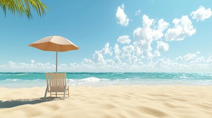 Empty Beach Chair And Umbrella Under Sunny Sky