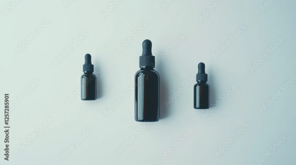 Poster three dark brown dropper bottles on a light background