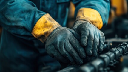 Fototapeta premium A close-up of hands wearing gloves, working on machinery, emphasizing the importance of safety and craftsmanship in industrial settings.