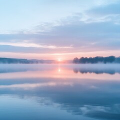 Sunrise over misty lake, tranquil scene, peaceful dawn, nature background, perfect for serene imagery