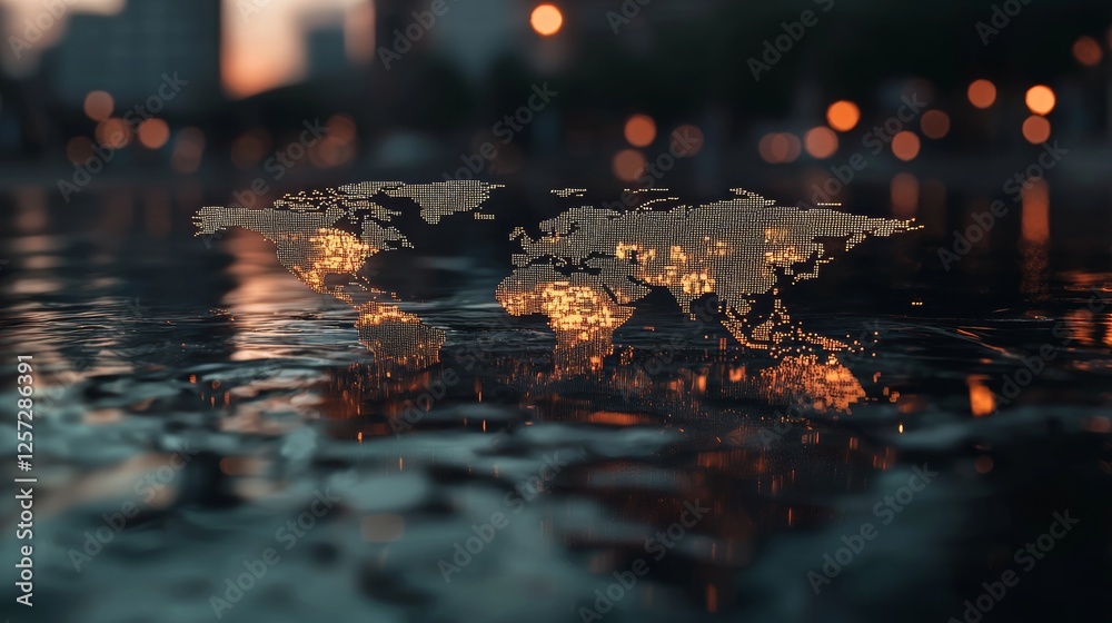 Poster in a state-of-the-art command center, a global digital world map is visualized through holographic d