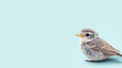 Small gray bird with a yellow beak sits peacefully