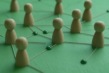 Obraz premium Wooden figures connected by lines on a green background, symbolizing a network of people.
