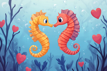 Fototapeta premium Two colorful seahorses face each other in a vibrant underwater scene filled with hearts and bubbles