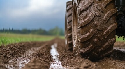 A close-up of a muddy tractor tire on a dirt path, surrounded by fields under a cloudy sky, emphasizing agriculture and rugged terrain.
