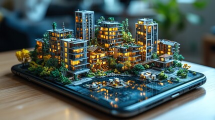Obraz premium A miniature illuminated city model resting on a smartphone, showcasing modern architecture and lush greenery