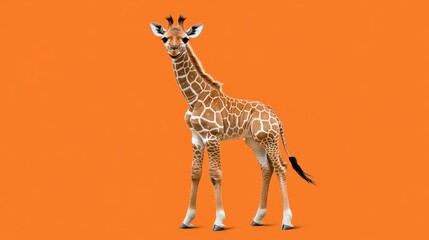 Fototapeta premium A juvenile giraffe stands tall against a bright orange background