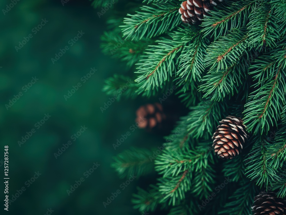 Poster pine cones growing on a green pine tree branch in natural environment