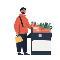 Man with groceries stands near self checkout in grocery store