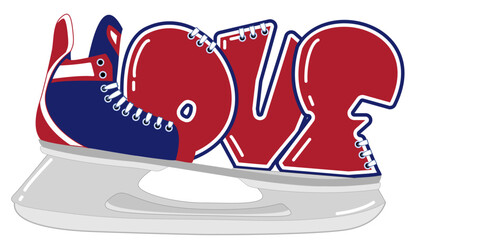 love - red, blue and white color - ice hockey skates, winter sport vector graphics, hockey, for street art - graffiti lettering typography - art illustration - multicolor - writen	