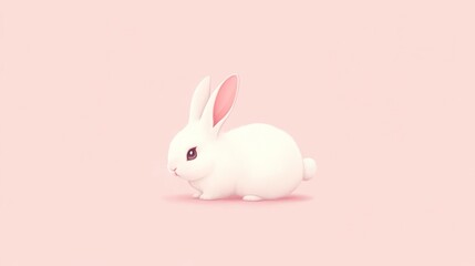 A fluffy white rabbit sits on a soft pink background