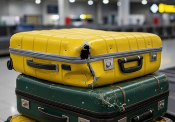 Damaged yellow suitcase at airport baggage claim highlighting travel woes