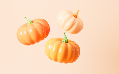 Cartoon kinds of pumpkins on the yellow background, 3d rendering.