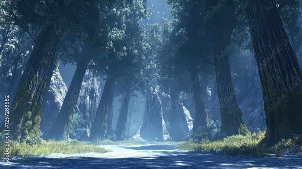 Poster tall trees stand in a dense mysterious and foggy forest