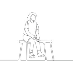 Young girl sitting on bench continuous line drawing. Vector illustration