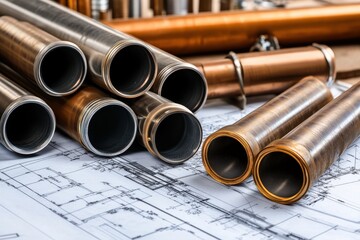 Various metal tubes with blueprints and plans for construction and plumbing projects on a workbench