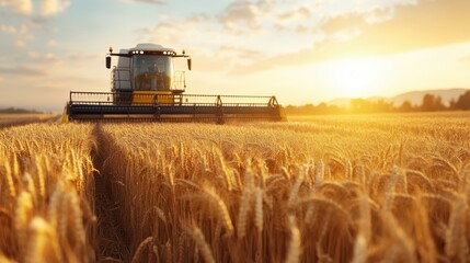 Fototapeta premium A golden wheat field at sunset with a combine harvester working, showcasing the beauty of agriculture and the harvesting process.