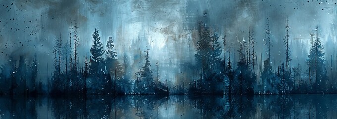 Obraz premium Misty Forest Reflection. Tranquil Landscape Art In Shades Of Blue.