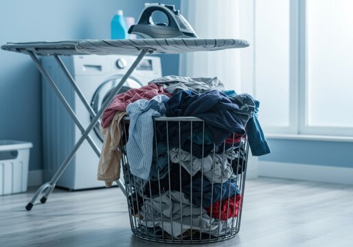 Laundry room with ironing board and overfilled clothes basket near washing machine - Powered by Adobe
