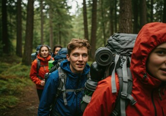 Fototapeta premium Group of young hikers in colorful jackets exploring a lush forest trail