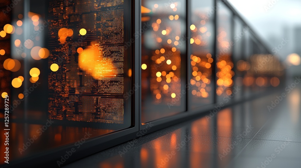 Poster a corridor in an operational data center teems with server racks and supercomputers, accompanied by 