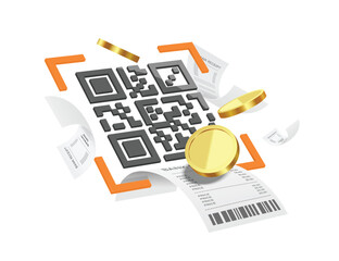 There is money or gold coins, receipt paper or statement coming out of the QR code. After scanning to pay for online purchases, vector 3d isolated for payment online, online shopping concept
