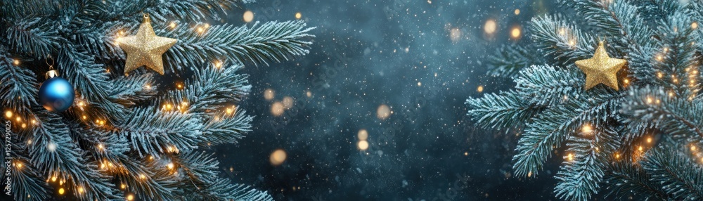 Poster festive evergreen branches adorned with sparkling ornaments and lights