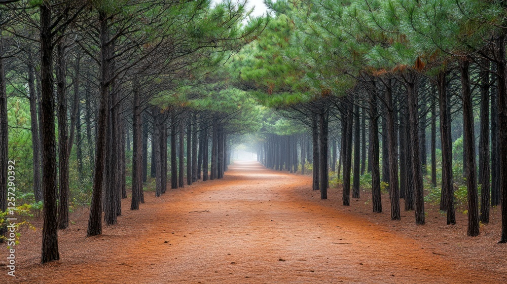 Poster pathway through a serene forest lined with tall pine trees