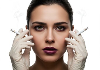 Obraz premium Woman holding cigarettes with gloves against white background