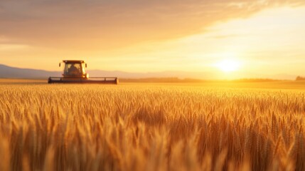 Obraz premium A combine harvester works in a vast golden wheat field during sunset, casting a warm glow over the landscape.