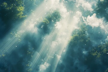 Obraz premium Forest canopy sunlight breaks through clouds