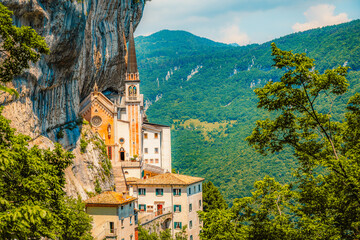 Sanctuary of the Madonna della Corona. Italian Alps, Ferrara di Monte Baldo, Verona province, Italy.