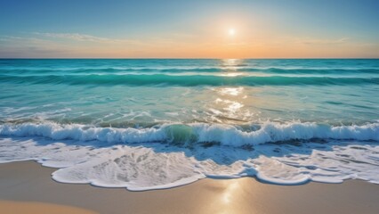 Obraz premium Azure ocean waves gently rolling onto a sandy shore under bright sunshine. A serene and tropical seascape, perfect for travel, relaxation, and summer vacation vibes