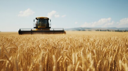 Obraz premium A harvest machine moves through golden wheat fields under a clear blue sky, showcasing agricultural productivity.