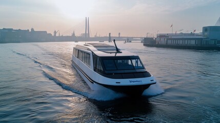 Fototapeta premium Modern River Cruise Ship in a Cityscape