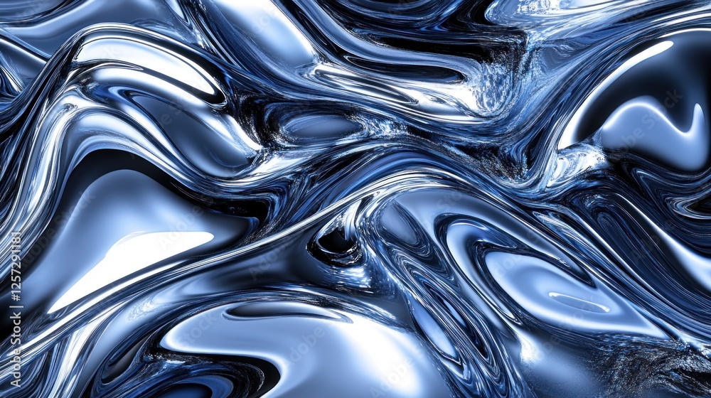 Poster Flowing metallic chrome liquid forms intricate abstract patterns visually
