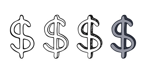 Hand drawn dollar currency symbol set Brush stroke doodle Single element for design