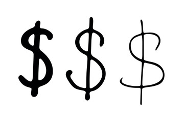 Hand drawn dollar currency symbol set Brush stroke doodle Single element for design