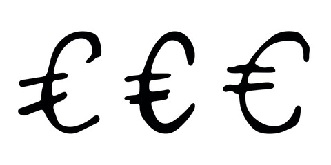 Hand drawn euro currency symbol set Brush stroke doodle Single element for design