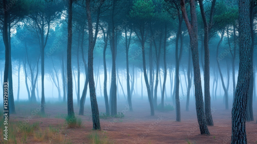 Poster misty forest scene with tall straight trees in hazy light