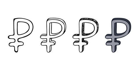 Hand drawn russian ruble currency symbol set Brush stroke doodle Single element for design