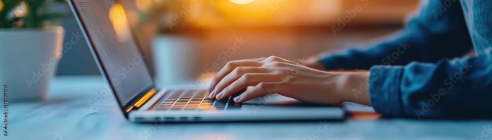 Poster Woman using laptop computer at desk with focus on typing and work environment in modern office