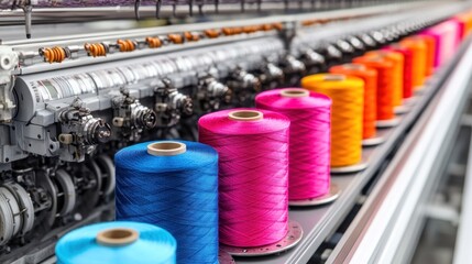 Colorful thread spools on industrial textile machine.