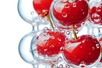 Macro photograph showcasing a cluster of red cherries submerged in water, enclosed in transparent bubbles, creating a visually appealing and refreshing scene.