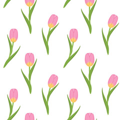 Seamless floral pattern. Pink tulip on a stem with green leaves on a white background. Vector illustration. Print for packaging, wrapping paper and gift bag. Ornament for fabric, textile and cover. 