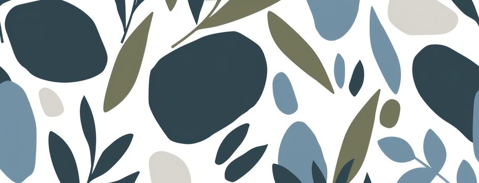 Abstract Botanical Seamless Pattern: Blue, Green, and Gray Organic Shapes and Leaves
