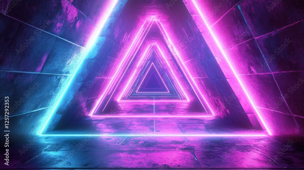 Poster abstract futuristic triangle tunnel with neon lights and concrete walls