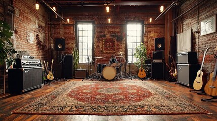 Urban music practice room with instruments and drum kit