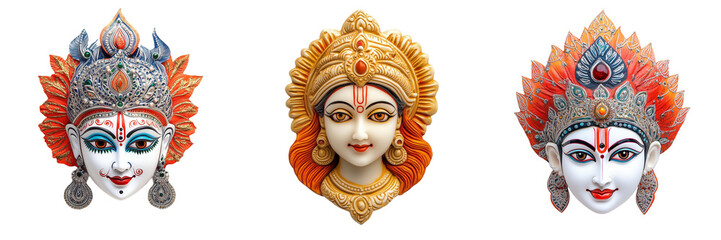 Set of Close-up of a colorful Tara Devi mask wall hanging, adorned with intricate designs on transparent png background. Ai generated